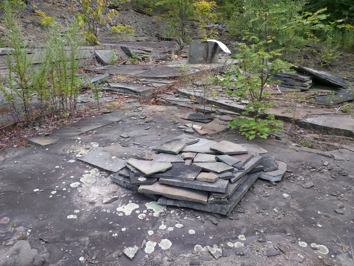 A low geometric stack of flat bluestone pieces on the quarry floor